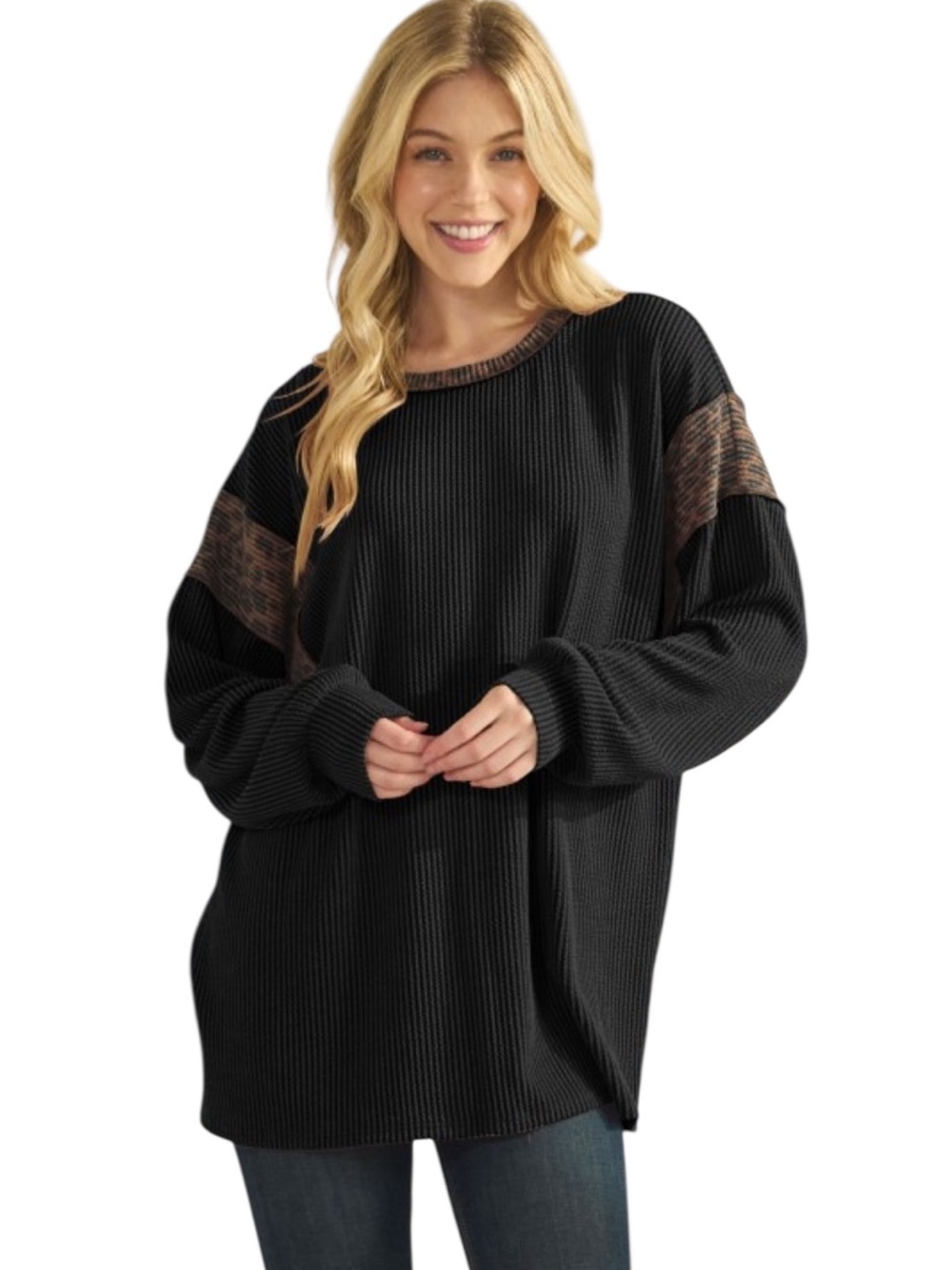 Heimish Black Animal Print Ribbed Long Sleeve Top